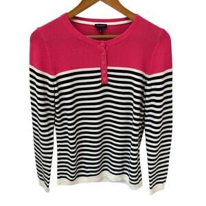 TALBOTS Sweater Womens Medium Black Pink Henley Striped Lightweight